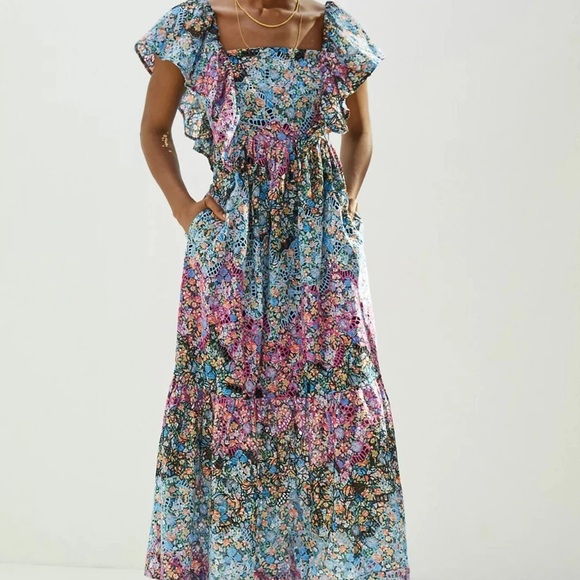 Anthropologie Blue and Pink Floral Maxi Dress - Picture 1 of 6